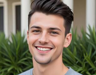 A young Caucasian man with short dark brown hair, a beard, and a friendly expression on his face. He mid to late 20s and is wearing a white t-shirt against a blurred natural background