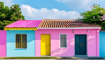 Wall Mural - vibrant house featuring a pink roof and cheerful yellow door in a picturesque neighborhood