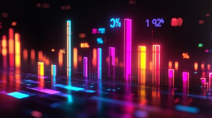 Poster - A high-tech bar chart featuring glowing neon bars, representing financial trends, set against a dark backdrop with floating data labels and percentage points.