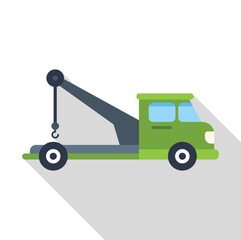 Sticker - Green tow truck with a crane in a side view, minimalist flat design illustration with long shadow