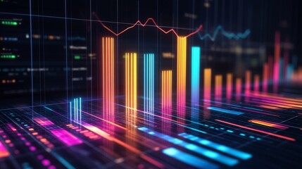 Fototapete - A high-tech bar chart featuring glowing neon bars, representing financial trends, set against a dark backdrop with floating data labels and percentage points.