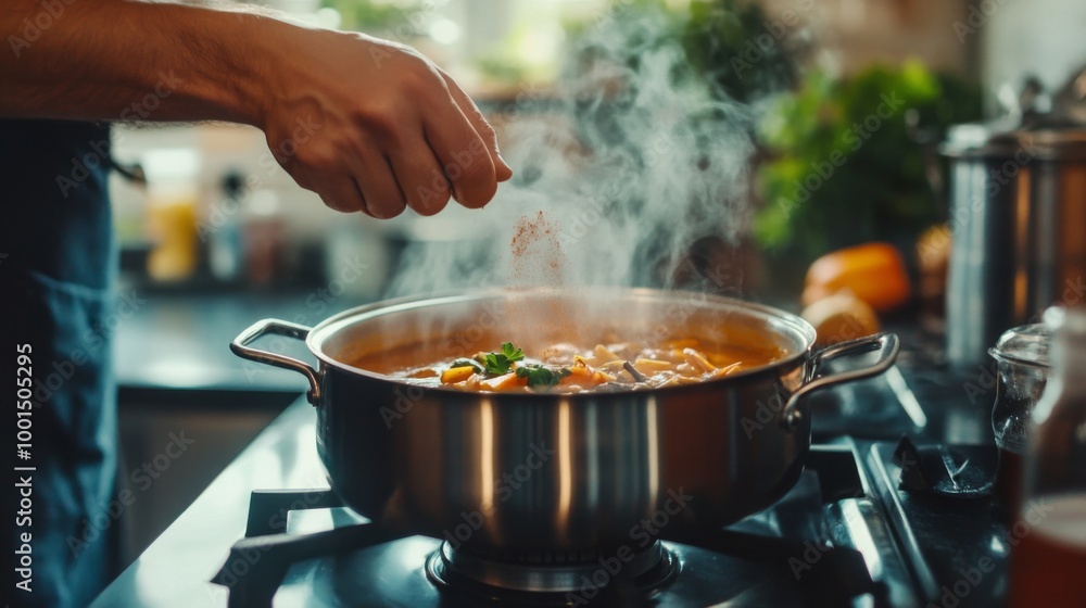 A home cook adding spices to a bubbling pot of soup on the stove, with ...