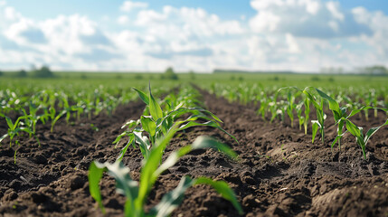 Maize agriculture field with seedlings emerging from soil, growth under spring sunlight on a farm