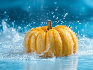 Pumpkin vegetable falls into water with a splash, blue background. Lots of crystal drops.