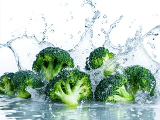 A broccoli vegetable meets water in a splash, on a white background. Drops of crystals.