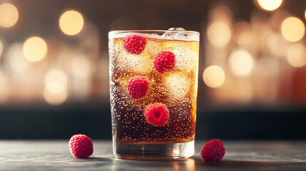 Mug of soda with fresh raspberries floating, modern bar with sleek, dark wood accents and soft, glowing light, ultra-detailed bubbles and texture