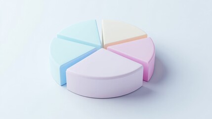 Fototapete - A minimalist 3D pie chart with pastel-colored slices, smoothly separated to reveal individual sections, placed on a clean white background.