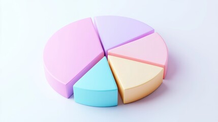 Fototapete - A minimalist 3D pie chart with pastel-colored slices, smoothly separated to reveal individual sections, placed on a clean white background.