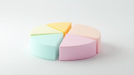 Fototapete - A minimalist 3D pie chart with pastel-colored slices, smoothly separated to reveal individual sections, placed on a clean white background.