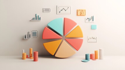 Leinwandbilder - A minimalist financial pie chart with pastel-colored slices, displaying income distribution, with financial icons and subtle shadows on a light background.