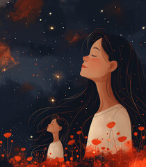 Dreamy illustration of a woman at night with a starry sky and red flowers