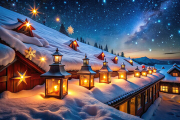 Snow-covered rooftop with glowing lanterns under starry sky at night