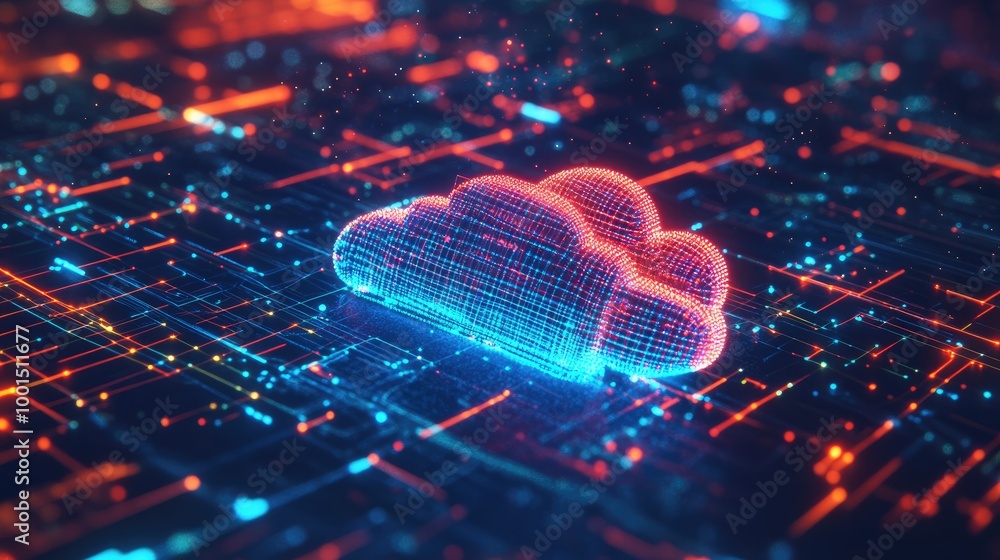 Modern tech visualization with a prominent cloud logo and a network of ...