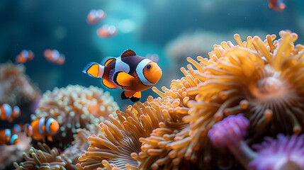 Poster - Colorful clownfish underwater in vibrant coral reef ecosystem showcasing marine wildlife and biodiversity