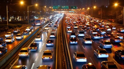 Fototapete - A nighttime scene of a highway filled with vehicles, with headlights and taillights creating light trails, portraying the ongoing hustle and bustle of city traffic.