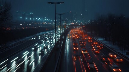 Fototapete - A nighttime scene of a highway filled with vehicles, with headlights and taillights creating light trails, portraying the ongoing hustle and bustle of city traffic.