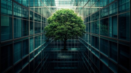 From the outside, a lush green tree is enclosed within a modern glass building. The modern architecture contrasts with the tree's natural texture.