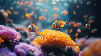 Poster - Clownfish swimming around colorful coral in a vibrant underwater anemone aquarium setting