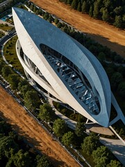 Bird's eye view of futuristic architectural marvels.