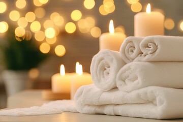 Tranquil spa setting with candles towels warm bokeh background