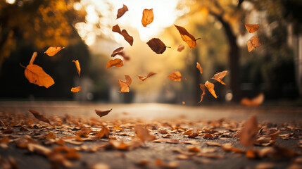 Fallen autumn leaves on the road in the sun background with copy space and cyber space. 