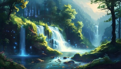 Wall Mural - Magical waterfall in an enchanted forest illuminated by ethereal lights, creating a captivating fantasy landscape