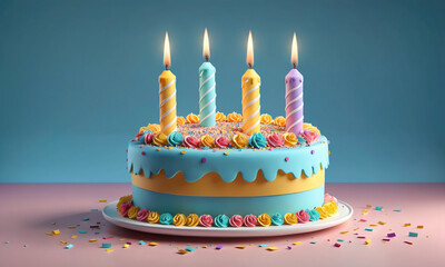 A birthday cake with four lit candles sits on a pink table surrounded by confetti