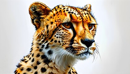 Striking portrait of a majestic cheetah with intense gaze and distinctive spots, isolated against a pristine white backdrop