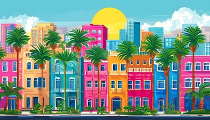 Wall Mural - Colorful Urban Landscape with Palm Trees and Radiant Sun, Showcasing Vibrant City Life and Architecture