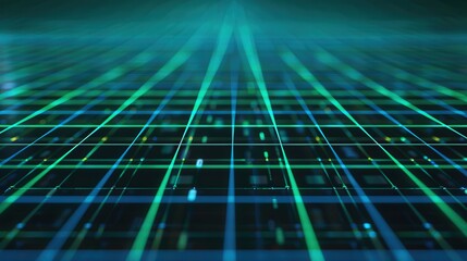 Wall Mural - futuristic digital grid, an abstract composition featuring vibrant blue and green lines, evoking a s