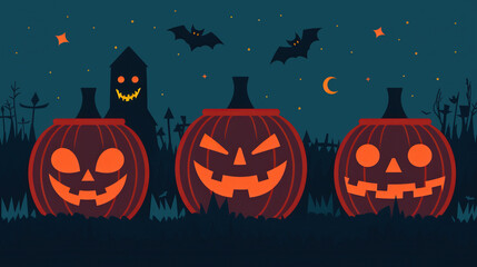 Spooky Jack-o'-Lanterns, glowing faces illuminate the night, whimsical flat design captures the essence of Halloween festivities and autumnal charm.