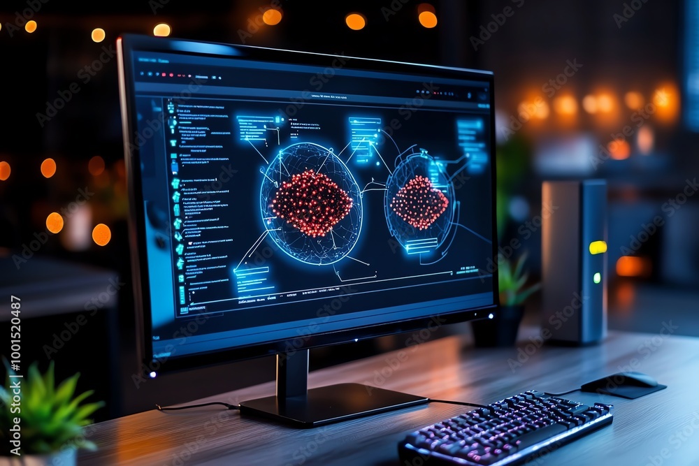 Malware defense strategy displayed on a large monitor, with detailed ...
