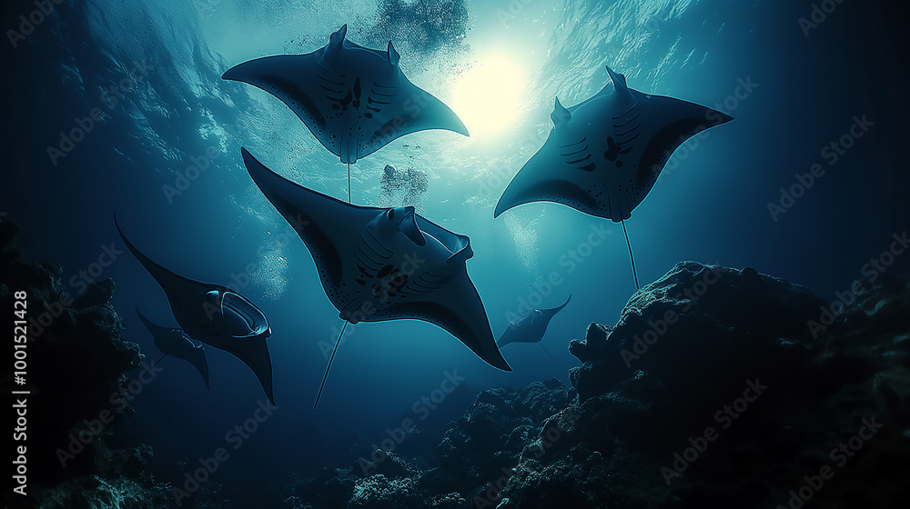 Graceful manta rays swimming underwater in the ocean with marine life ...