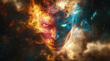 Wall Mural - inter-dimensional self-transforming magician, composed of interlocking energy elements and fractal l