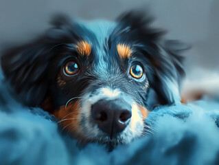 Adorable puppy with blue fur and cute eyes closeup resting on a fluffy blanket