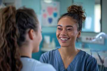 A happy woman receiving healthcare services from a confident nurse in a modern clinic