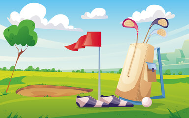 Wall Mural - Golf field tools composition concept. Vector flat cartoon graphic design illustration