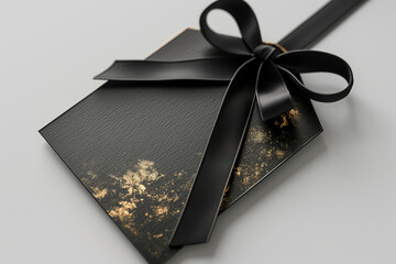 Elegant black invitation card with gold design and decorative ribbon for luxury gift celebration