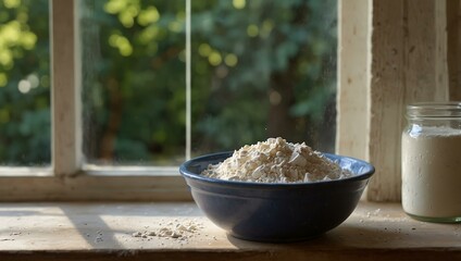 Bowl of flour by a summer window for baking.