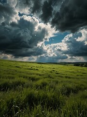 Bright green summer field under dramatic clouds against a blue sky.