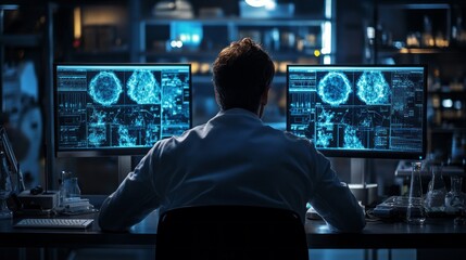 A man is sitting in front of two computer monitors