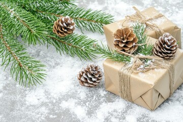 Festive holiday gift wrapped in brown paper with pine cones branches on snowy background