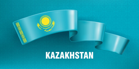 Wall Mural - Waved silk ribbon on a blue background with a traditional kazakh ornament. The sun and the eagle are the symbol of Kazakhstan. Background for greeting card of national holidays in Kazakhstan