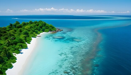 Tropical paradise with serene white sand beaches, vibrant coral reefs, and crystal clear turquoise waters under a sunlit sky