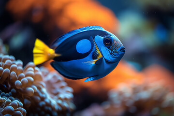 Poster - Tropical fish swimming among colorful coral in a blue underwater ocean reef environment