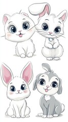 This cheerful illustration shows a playful kitten, cuddly bunny, and a happy puppy