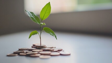 A small green plant growing from a pile of coins on a clean desk, showcasing financial growth