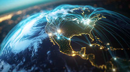 Poster - North america is glowing on planet earth at night, showing interconnected cities with lights streaking between them