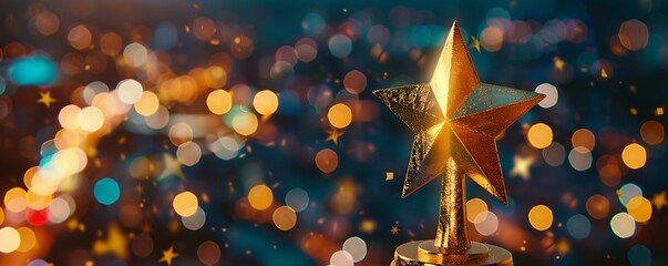 A shimmering golden star trophy stands against a backdrop of colorful bokeh lights, symbolizing achievement and celebration.