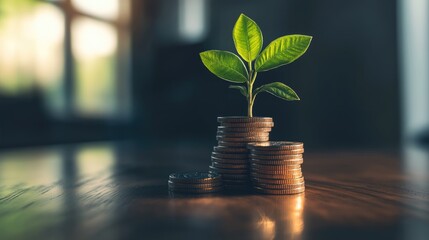 A stack of coins with a growing plant on top, in a modern workspace, emphasizing financial planning